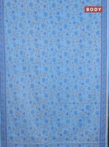 Mul cotton saree light blue with allover floral prints and printed border