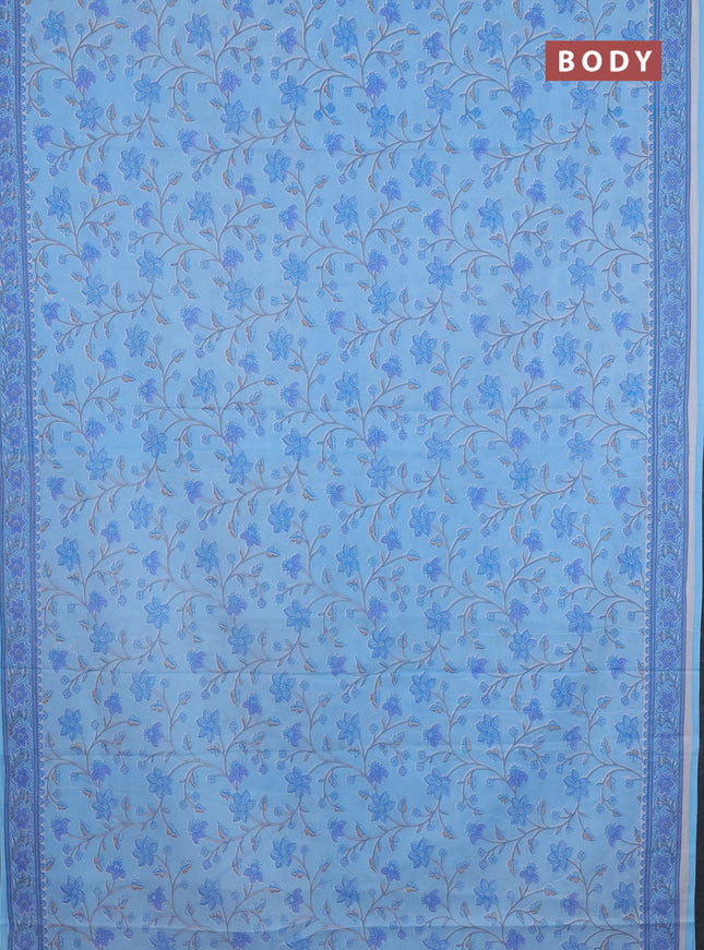 Mul cotton saree light blue with allover floral prints and printed border
