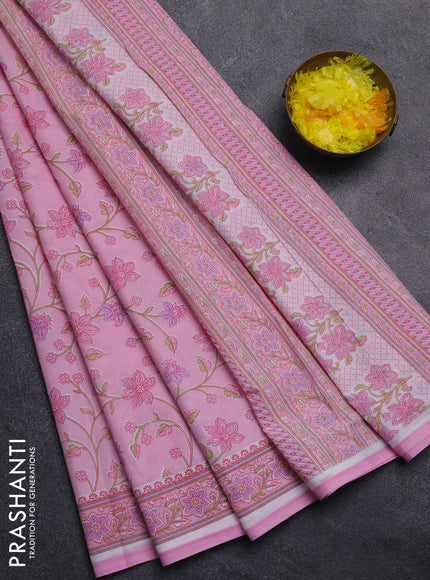 Mul cotton saree light pink with allover floral prints and printed border