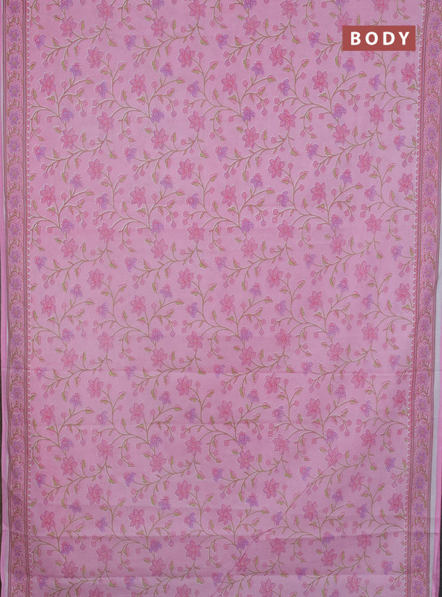 Mul cotton saree light pink with allover floral prints and printed border