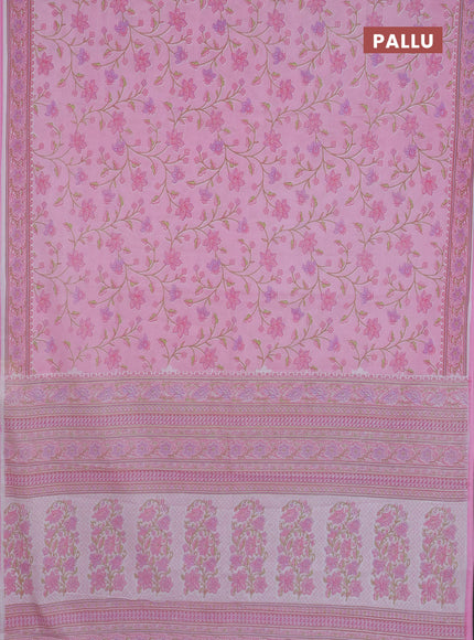 Mul cotton saree light pink with allover floral prints and printed border