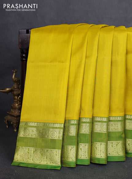 Venkatagiri silk saree lime yellow and green with plain body and rettapet zari woven border