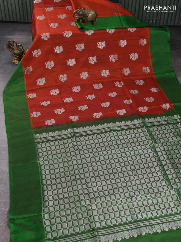Venkatagiri silk saree orange and green with allover silver zari woven buttas and simple border