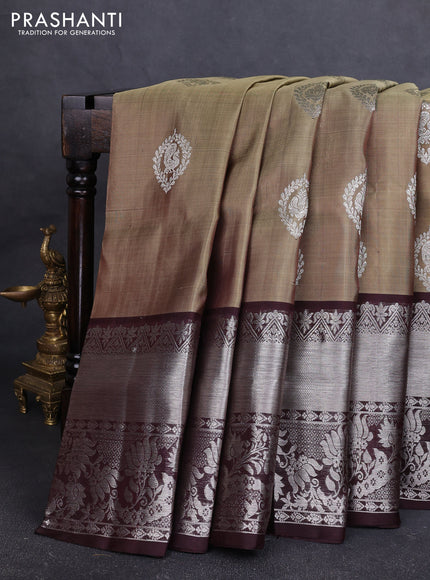 Venkatagiri silk saree elachi green and coffee brown with allover silver zari woven buttas and long silver zari woven border
