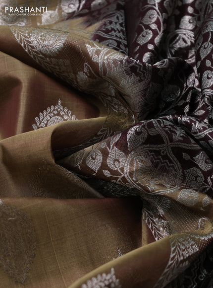 Venkatagiri silk saree elachi green and coffee brown with allover silver zari woven buttas and long silver zari woven border