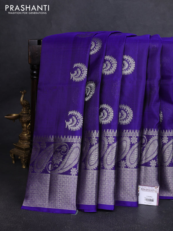 Venkatagiri silk saree royal blue with allover silver zari woven buttas and long silver zari woven border