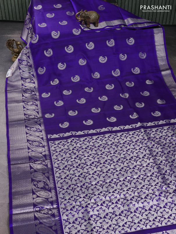 Venkatagiri silk saree royal blue with allover silver zari woven buttas and long silver zari woven border