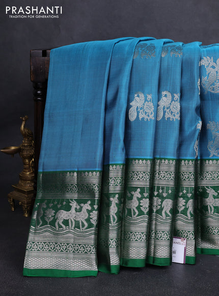 Venkatagiri silk saree teal blue and green with allover silver zari woven buttas and long silver zari woven border