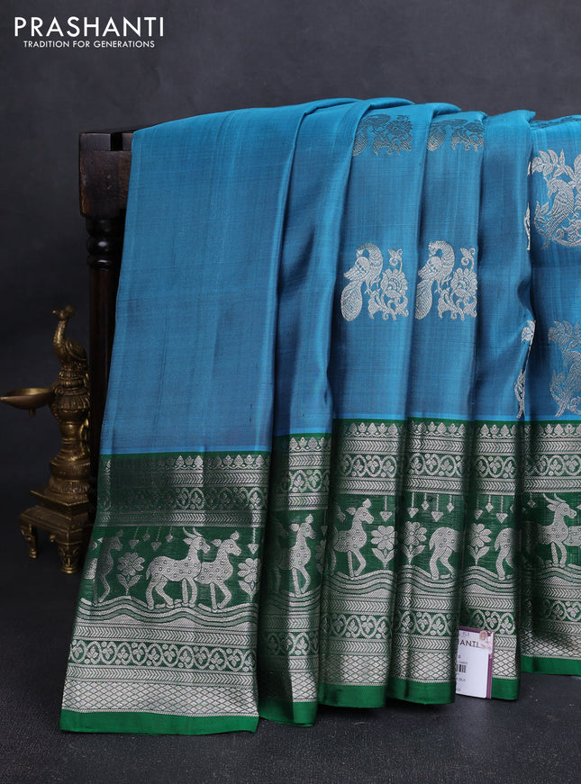 Venkatagiri silk saree teal blue and green with allover silver zari woven buttas and long silver zari woven border