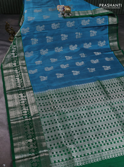 Venkatagiri silk saree teal blue and green with allover silver zari woven buttas and long silver zari woven border