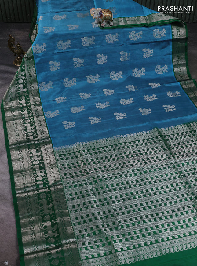 Venkatagiri silk saree teal blue and green with allover silver zari woven buttas and long silver zari woven border