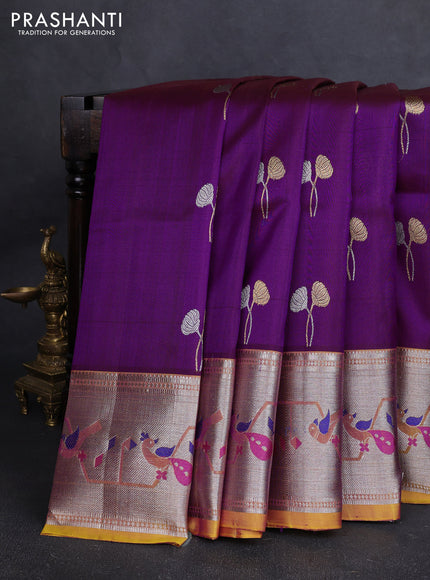 Venkatagiri silk saree purple and yellow with allover silver & zari woven buttas and silver zari woven border