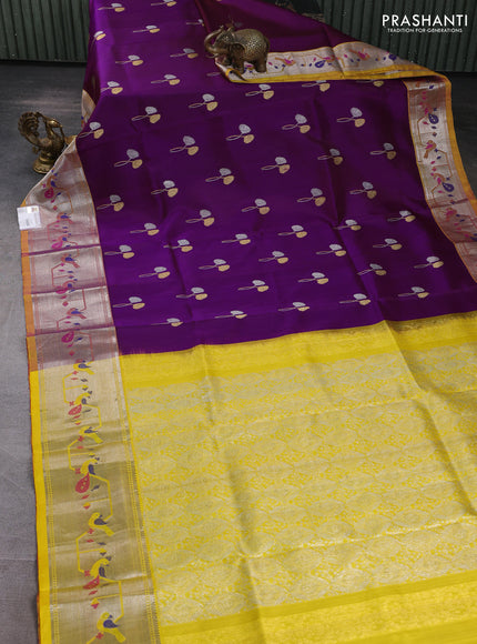 Venkatagiri silk saree purple and yellow with allover silver & zari woven buttas and silver zari woven border