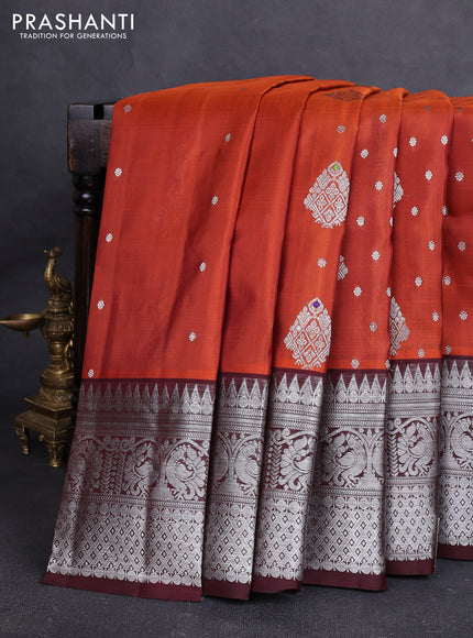 Venkatagiri silk saree orange and deep maroon with allover silver zari woven buttas and silver zari woven border