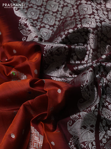 Venkatagiri silk saree orange and deep maroon with allover silver zari woven buttas and silver zari woven border