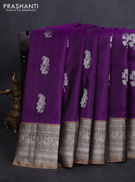 Venkatagiri silk saree purple and beige with allover silver zari woven buttas and silver zari woven border