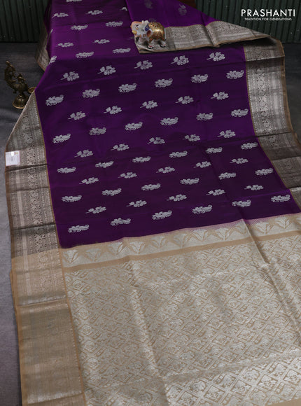 Venkatagiri silk saree purple and beige with allover silver zari woven buttas and silver zari woven border