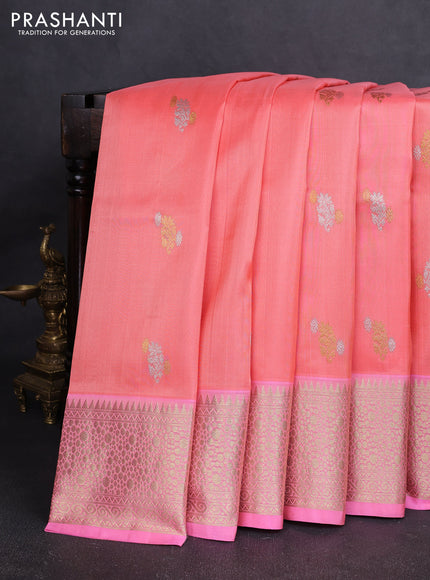 Venkatagiri silk saree pech shade and light pink with allover silver & zari woven buttas and zari woven border