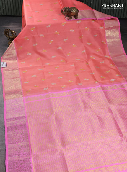 Venkatagiri silk saree pech shade and light pink with allover silver & zari woven buttas and zari woven border