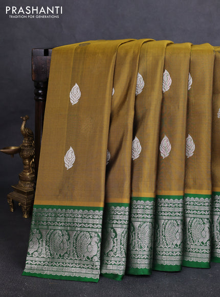 Venkatagiri silk saree mustard green and green with allover silver zari woven buttas and siver zari woven border