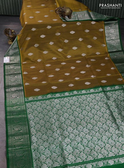 Venkatagiri silk saree mustard green and green with allover silver zari woven buttas and siver zari woven border