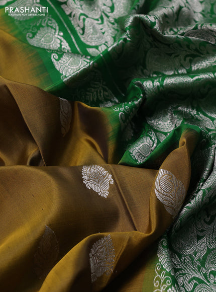 Venkatagiri silk saree mustard green and green with allover silver zari woven buttas and siver zari woven border