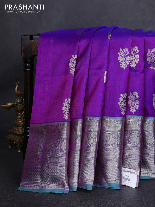 Venkatagiri silk saree purple and teal green with allover silver zari woven buttas and long zari woven border