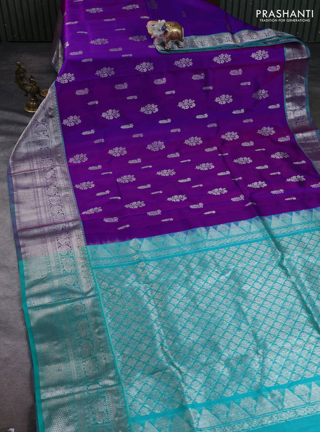Venkatagiri silk saree purple and teal green with allover silver zari woven buttas and long zari woven border