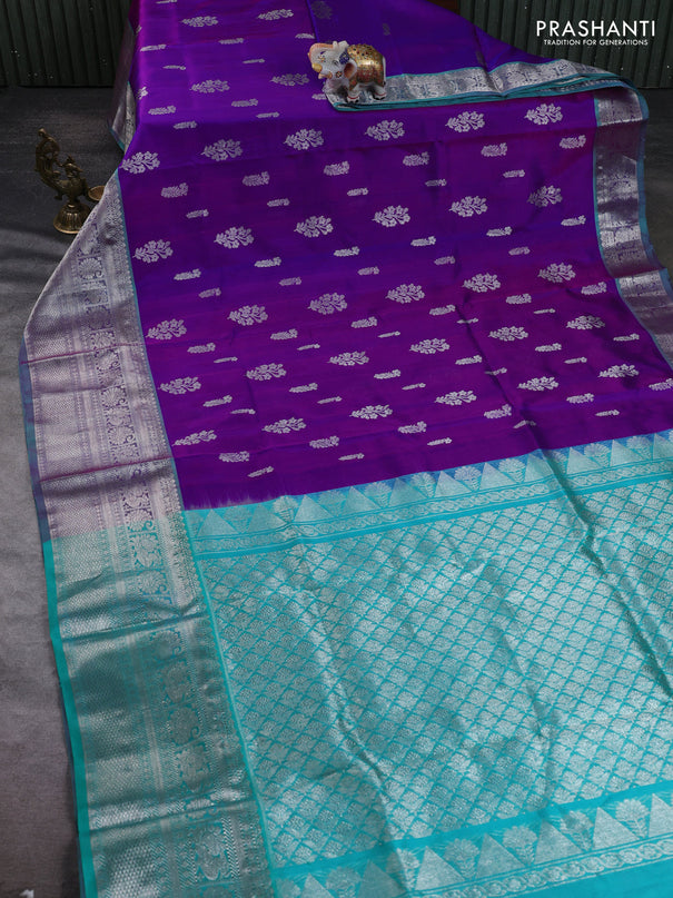 Venkatagiri silk saree purple and teal green with allover silver zari woven buttas and long zari woven border