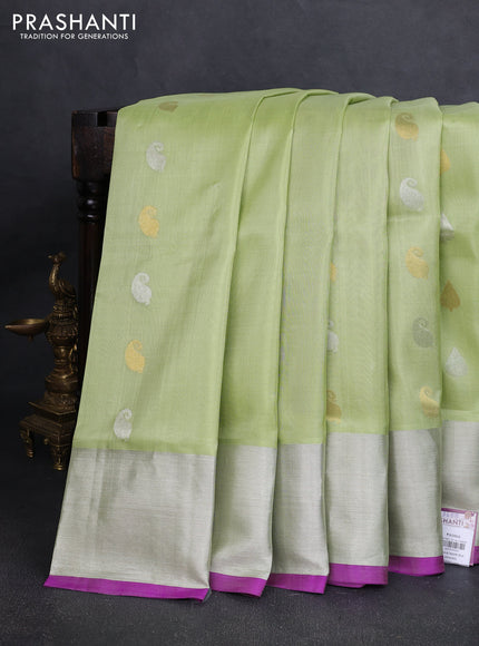 Venkatagiri silk saree pista green and purple with allover silver & zari woven buttas and silver zari woven border
