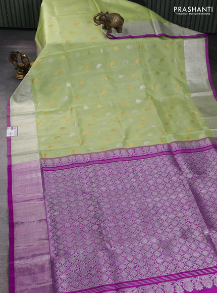 Venkatagiri silk saree pista green and purple with allover silver & zari woven buttas and silver zari woven border
