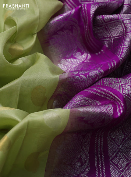 Venkatagiri silk saree pista green and purple with allover silver & zari woven buttas and silver zari woven border