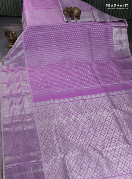 Venkatagiri silk saree lavender with allover silver zari stripes & buttas and long silver zari woven border