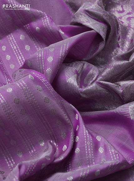 Venkatagiri silk saree lavender with allover silver zari stripes & buttas and long silver zari woven border