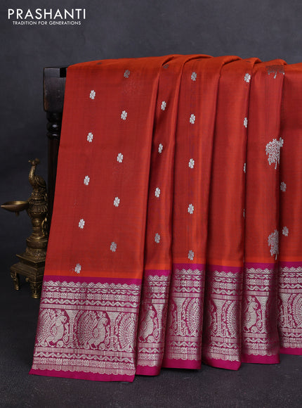 Venkatagiri silk saree rust shade and dark pink with allover silver zari woven buttas and silver zari woven border
