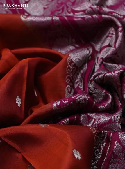 Venkatagiri silk saree rust shade and dark pink with allover silver zari woven buttas and silver zari woven border
