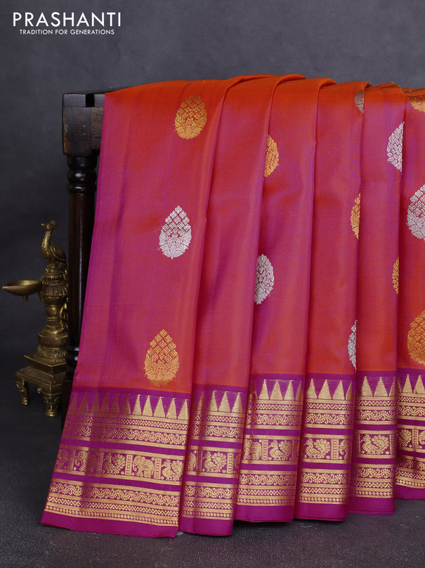 Venkatagiri silk saree dual shade of pinkish orange and pink with allover silver & zari woven buttas and zari woven border