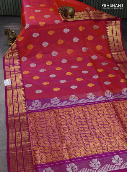 Venkatagiri silk saree dual shade of pinkish orange and pink with allover silver & zari woven buttas and zari woven border