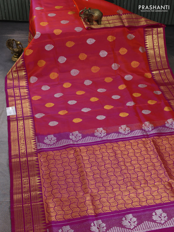 Venkatagiri silk saree dual shade of pinkish orange and pink with allover silver & zari woven buttas and zari woven border