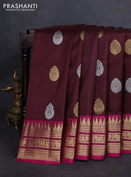 Venkatagiri silk saree coffee brown and dark pink with allover silver & zari woven buttas and zari woven border
