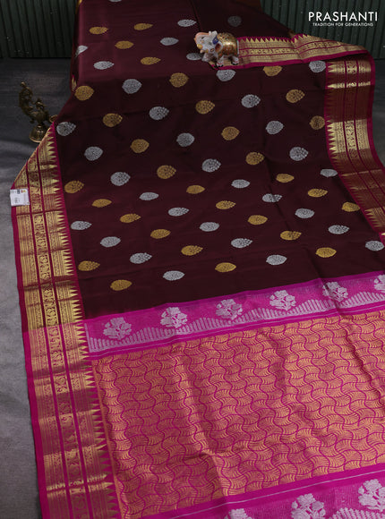 Venkatagiri silk saree coffee brown and dark pink with allover silver & zari woven buttas and zari woven border
