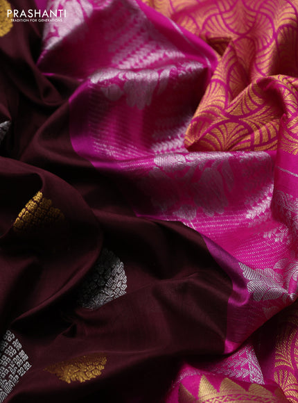 Venkatagiri silk saree coffee brown and dark pink with allover silver & zari woven buttas and zari woven border