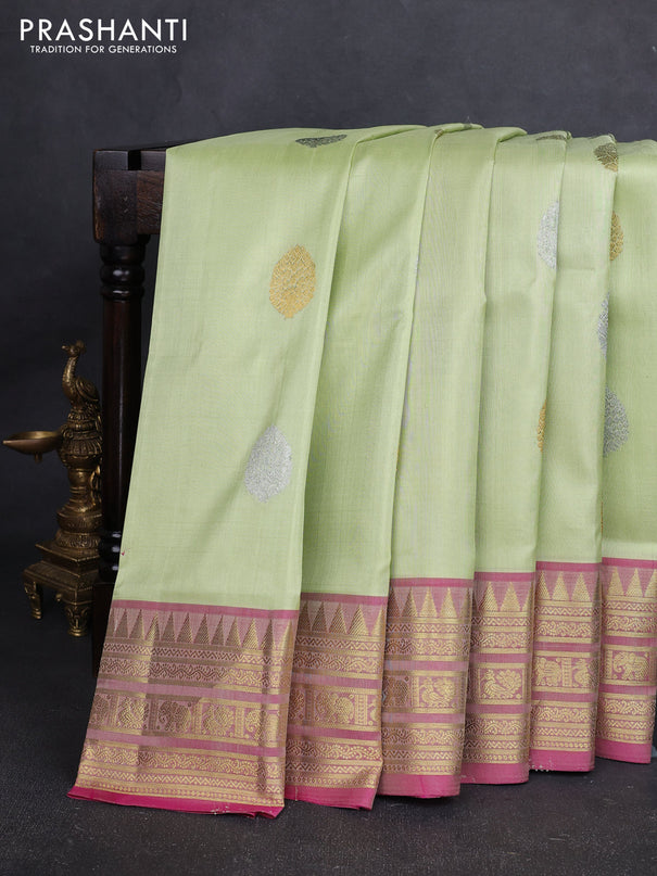 Venkatagiri silk saree pista green and pink with allover silver & zari woven buttas and zari woven border