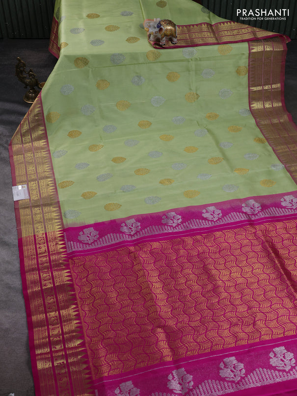 Venkatagiri silk saree pista green and pink with allover silver & zari woven buttas and zari woven border