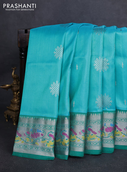 Venkatagiri silk saree teal green and green with allover silver zari woven buttas and silver zari woven border