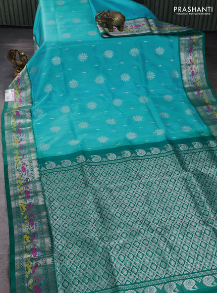 Venkatagiri silk saree teal green and green with allover silver zari woven buttas and silver zari woven border