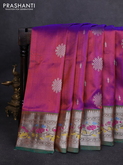 Venkatagiri silk saree purple and teal green with allover silver zari woven buttas and silver zari woven border