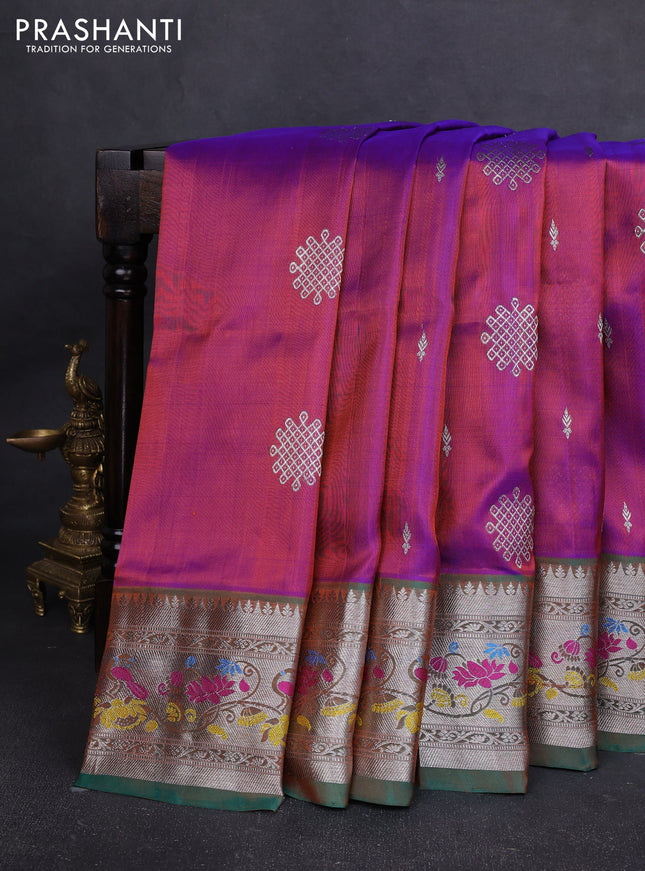 Venkatagiri silk saree purple and teal green with allover silver zari woven buttas and silver zari woven border