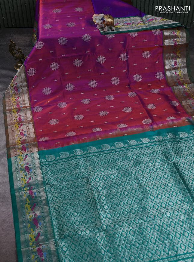 Venkatagiri silk saree purple and teal green with allover silver zari woven buttas and silver zari woven border