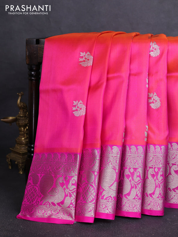 Venkatagiri silk saree candy pink and pink with allover silver zari woven buttas and long silver zari woven border